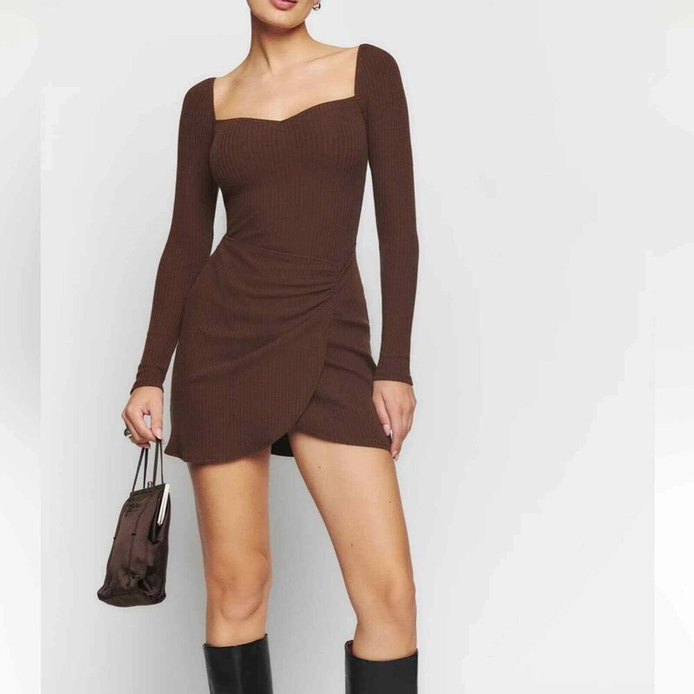 Reformation Cleona Knit Cafe Brown‎ Ribbed Mini Wrap Dress Size Large